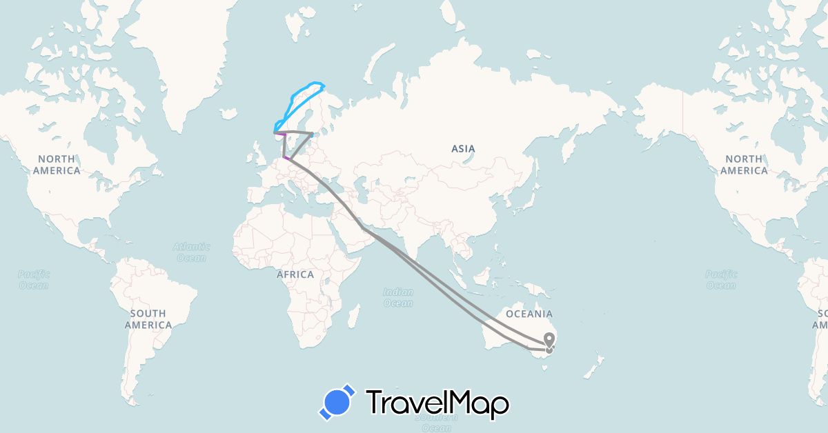 TravelMap itinerary: driving, plane, train, boat in Australia, Germany, Estonia, Finland, Norway, Qatar (Asia, Europe, Oceania)